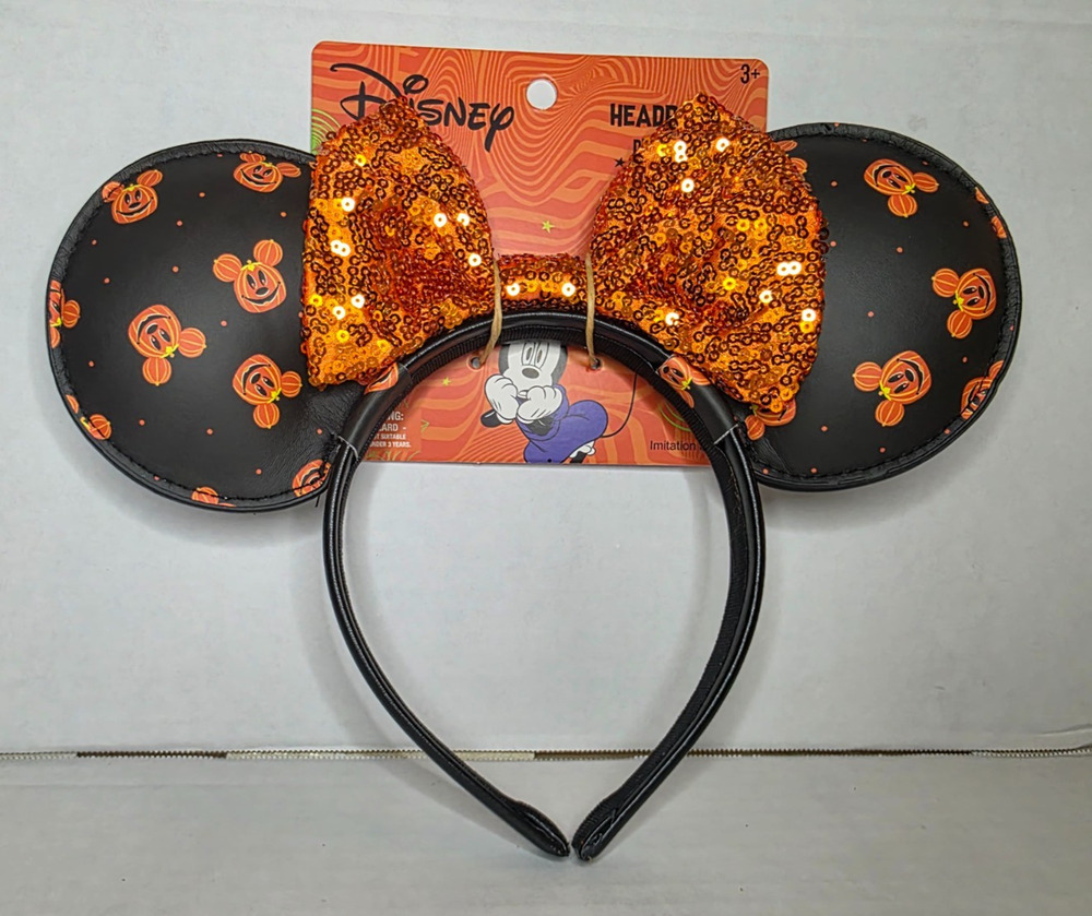 Disney Black & Orange Halloween Minnie Ears Headband with Sequin Bow